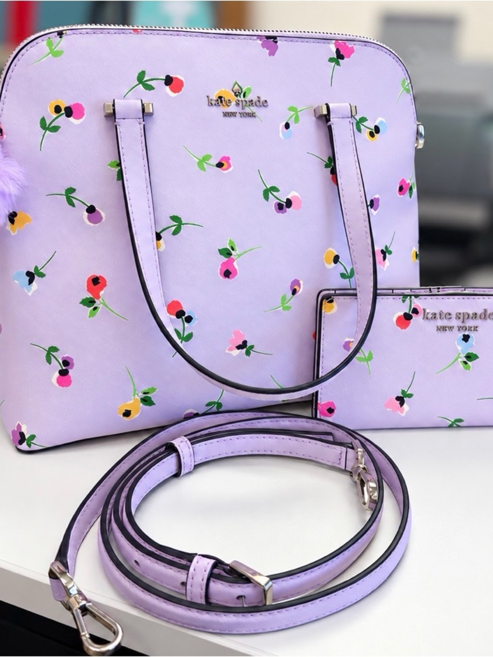 Kate Spade Maise Wildflower Ditsy Satchel Wallet Strap Charm Set